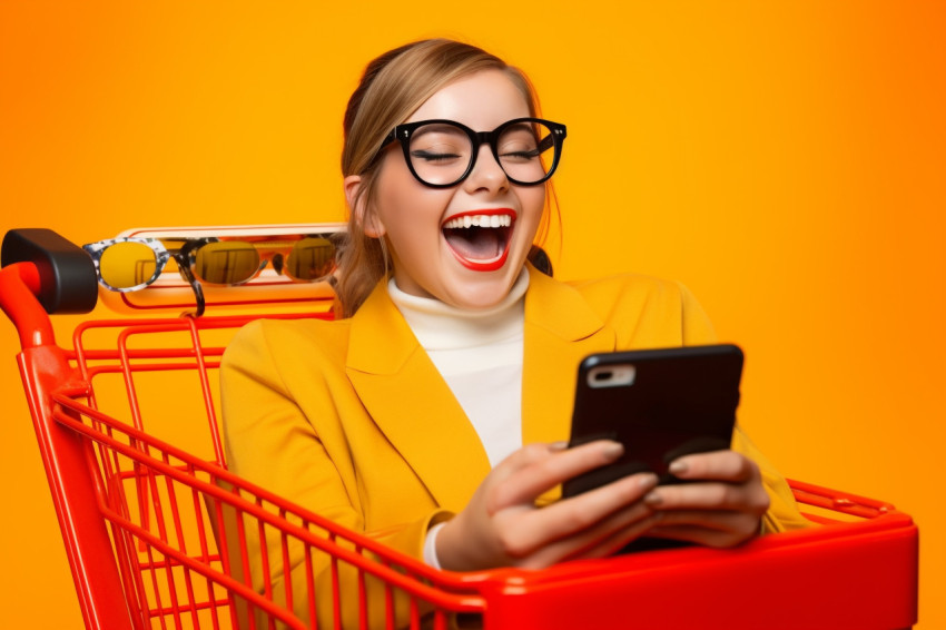 A photo of a happy and focused girl sitting in a shopping cart and chatting on her phone with a bright orange background