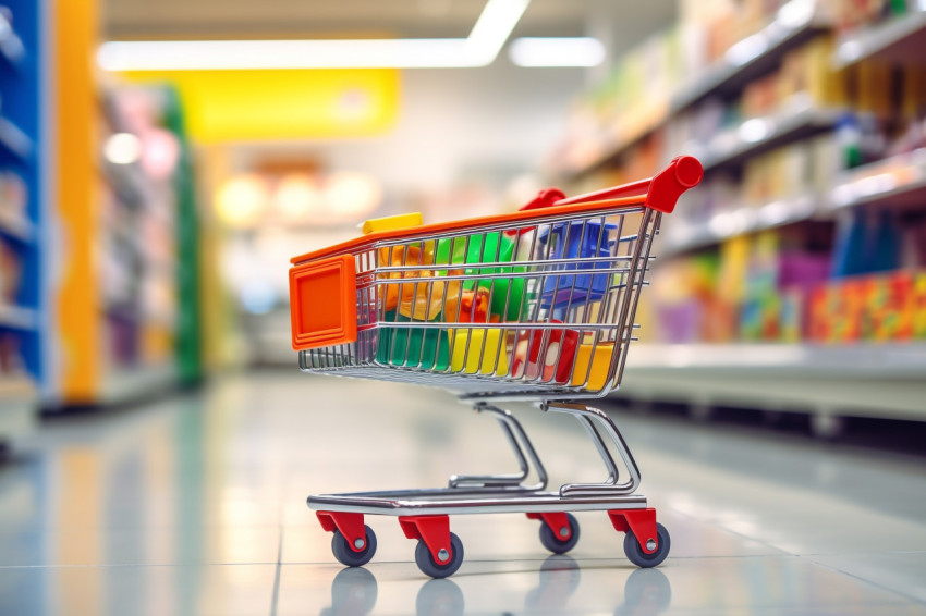 A photo of a blurry photo of a store with a shopping cart in the background