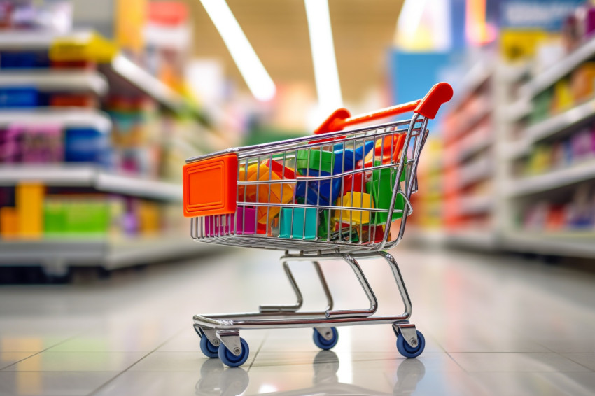 A photo of a blurry photo of a store with a shopping cart in the background