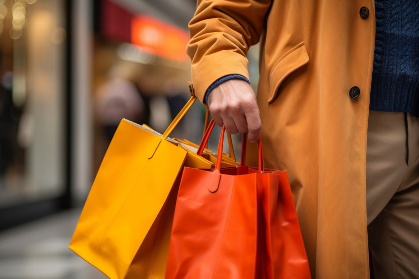 A photo of a couples waist and below carrying shopping bags in a city