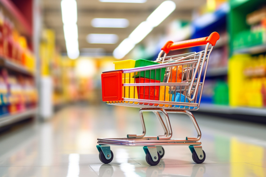 A photo of a blurry photo of a store with a shopping cart in the background