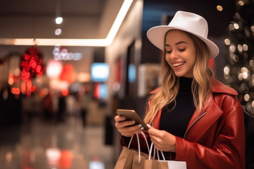 A photo of a beautiful girl is holding shopping bags using a smart phone and smiling while doing shopping in the mall