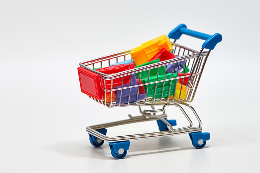 A close up photo of a shopping cart with a white background