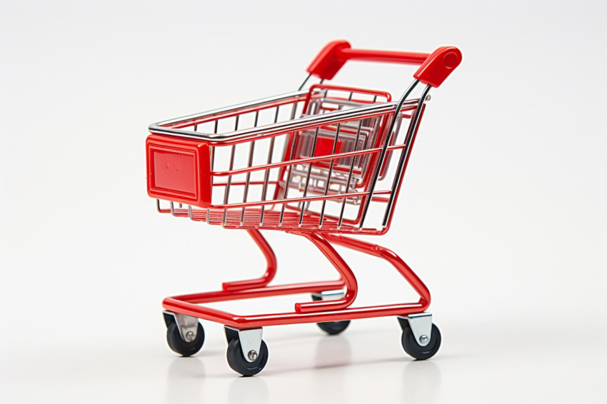 A close up photo of a shopping cart with a white background