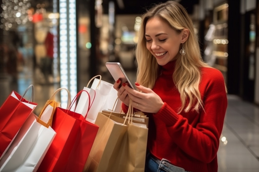 A photo of a beautiful girl is holding shopping bags using a smart phone and smiling while doing shopping in the mall