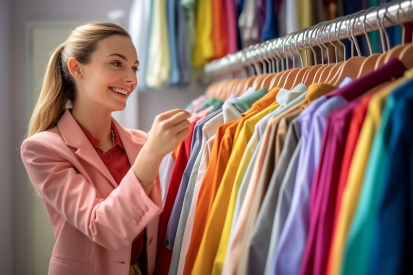 A photo of a happy young woman shopping for clothes in a store. she is looking at a rack of clothes and the background is blurry