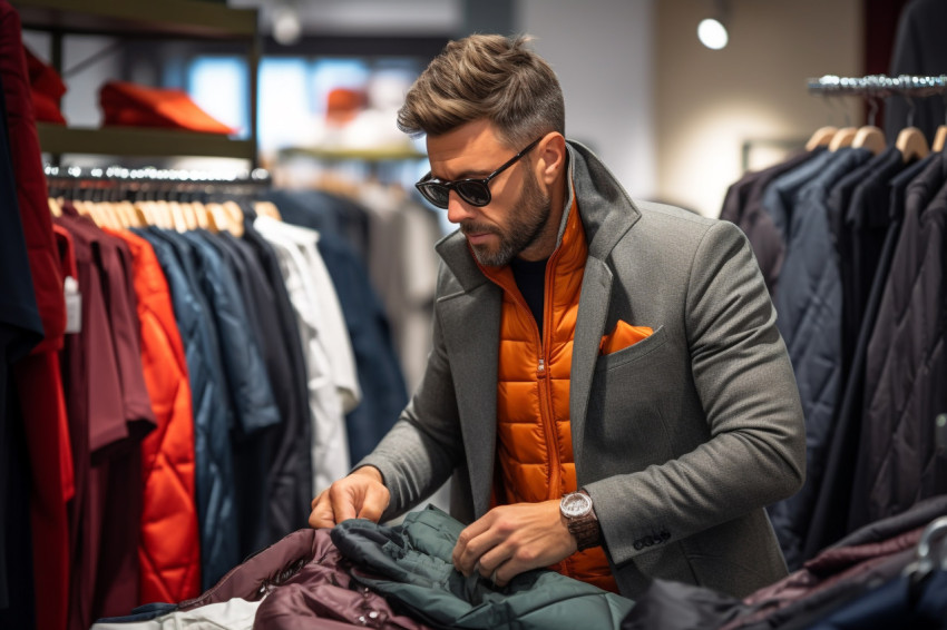 A picture of a fashionable man shopping for mens clothes