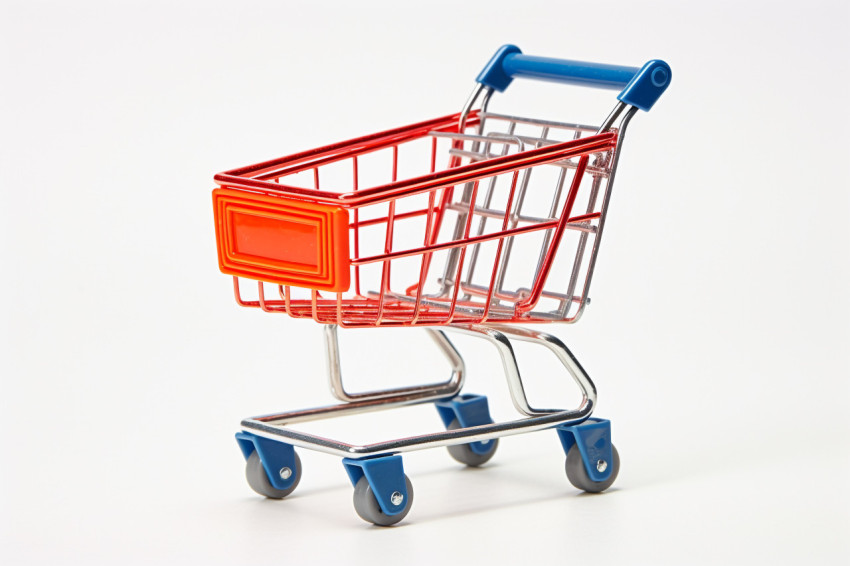 A close up photo of a shopping cart with a white background