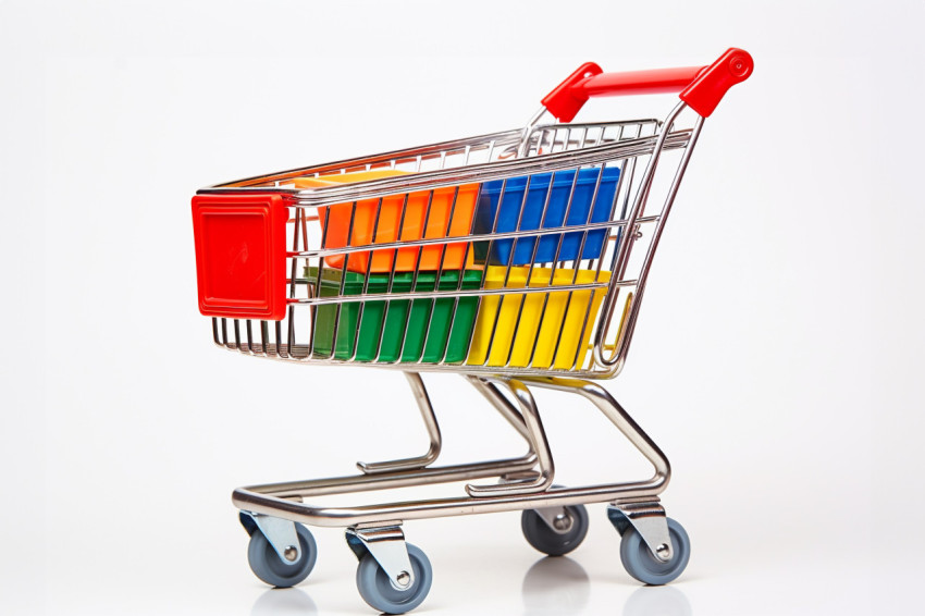 A close up photo of a shopping cart with a white background