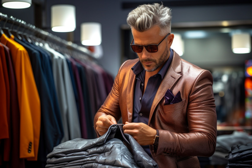 A picture of a fashionable man shopping for mens clothes