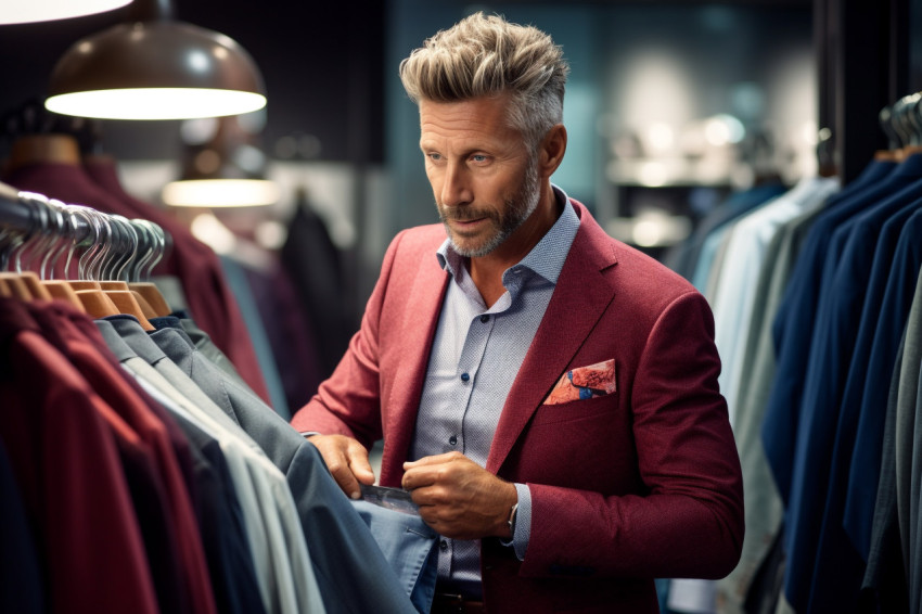 A picture of a fashionable man shopping for mens clothes