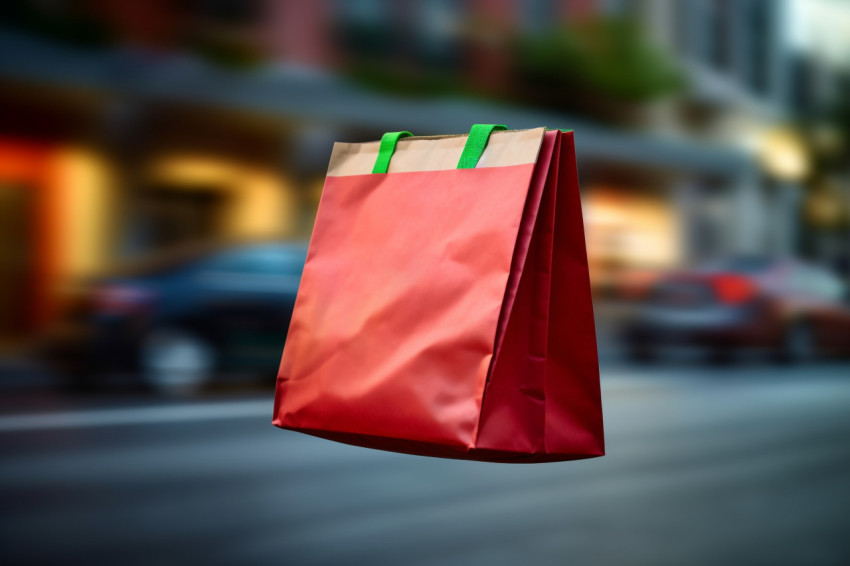 A photo of a fast self driving grocery bag delivering food showing the idea of online grocery shopping