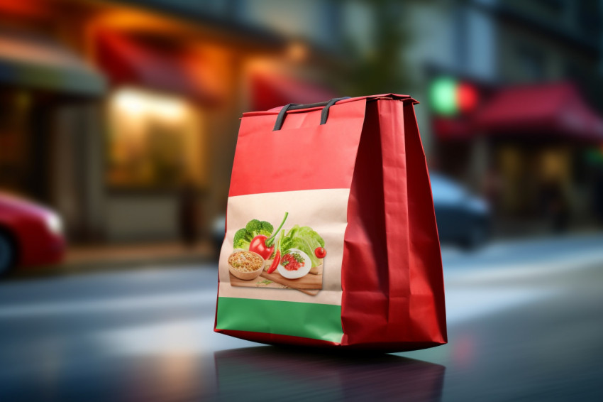 A photo of a fast self driving grocery bag delivering food showing the idea of online grocery shopping