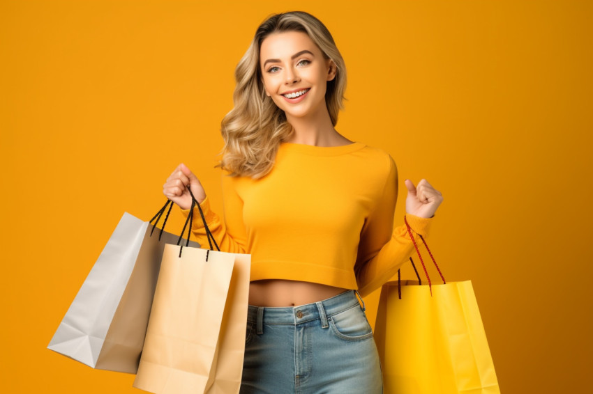 Picture of a happy woman in a yellow shirt and jeans holding shopping bags and standing in front of a yellow background