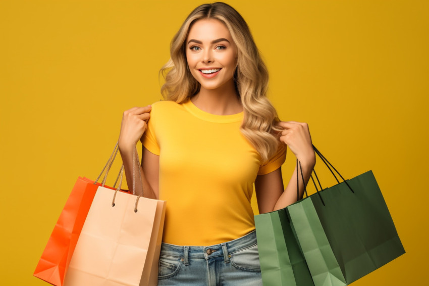 Picture of a happy woman in a yellow shirt and jeans holding shopping bags and standing in front of a yellow background