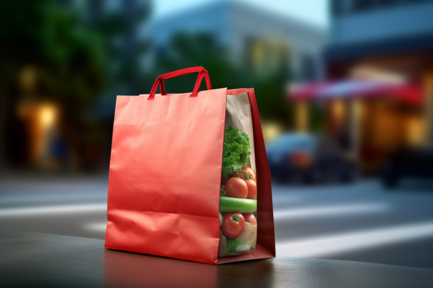 A photo of a fast self driving grocery bag delivering food showing the idea of online grocery shopping