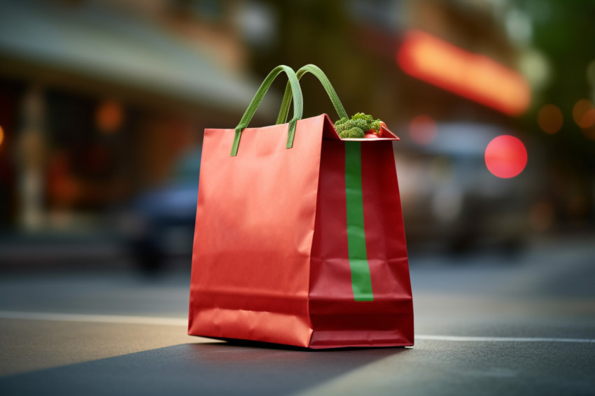 A photo of a fast self driving grocery bag delivering food showing the idea of online grocery shopping