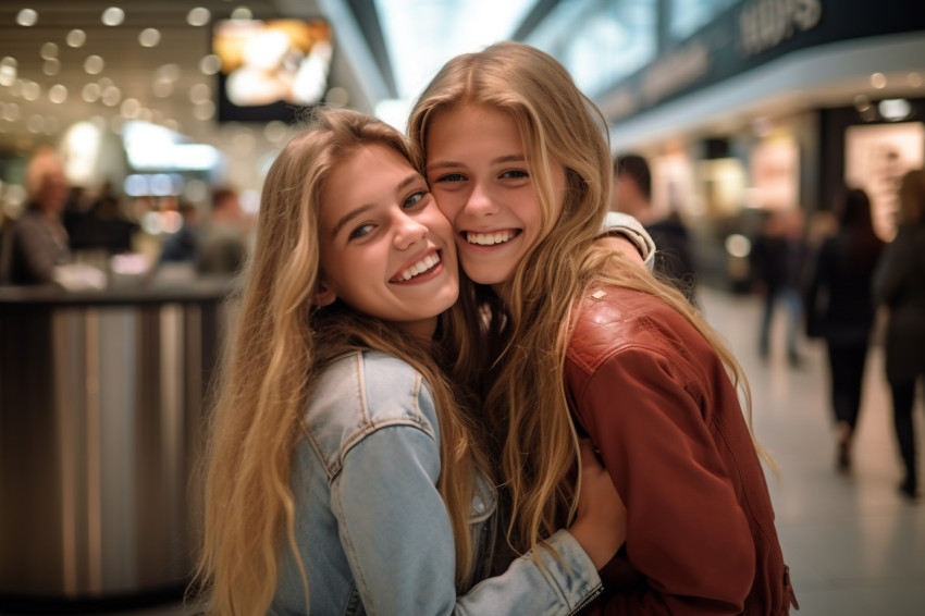 A picture of a happy teenage girl hugging her friend in a shopping mal