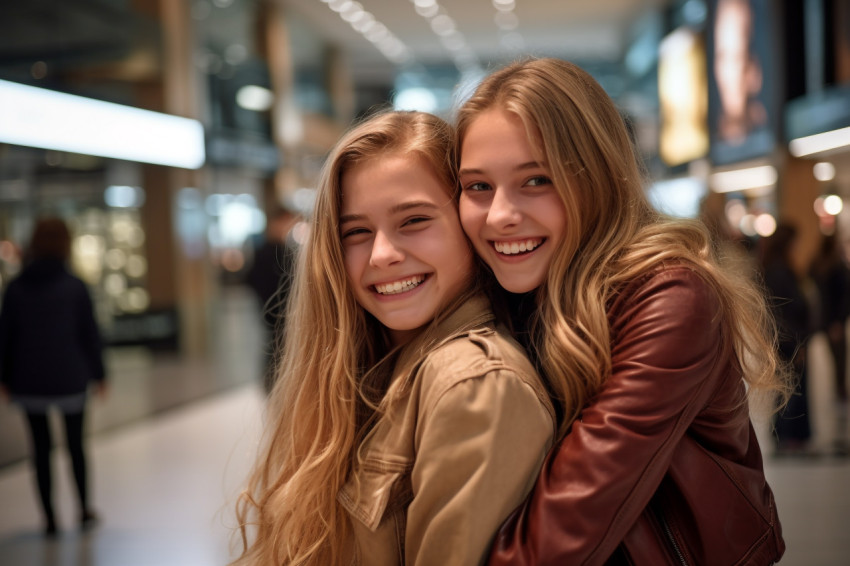 A picture of a happy teenage girl hugging her friend in a shopping mal