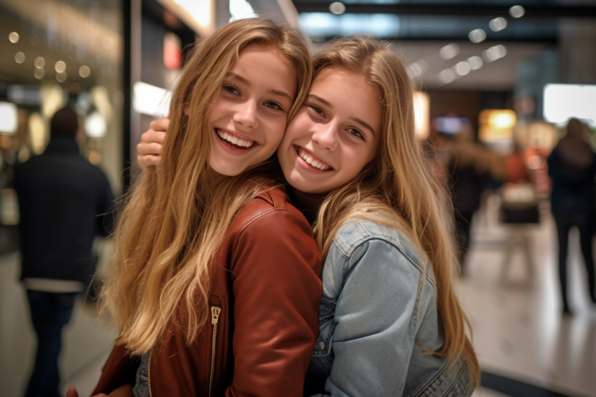 A picture of a happy teenage girl hugging her friend in a shopping mal