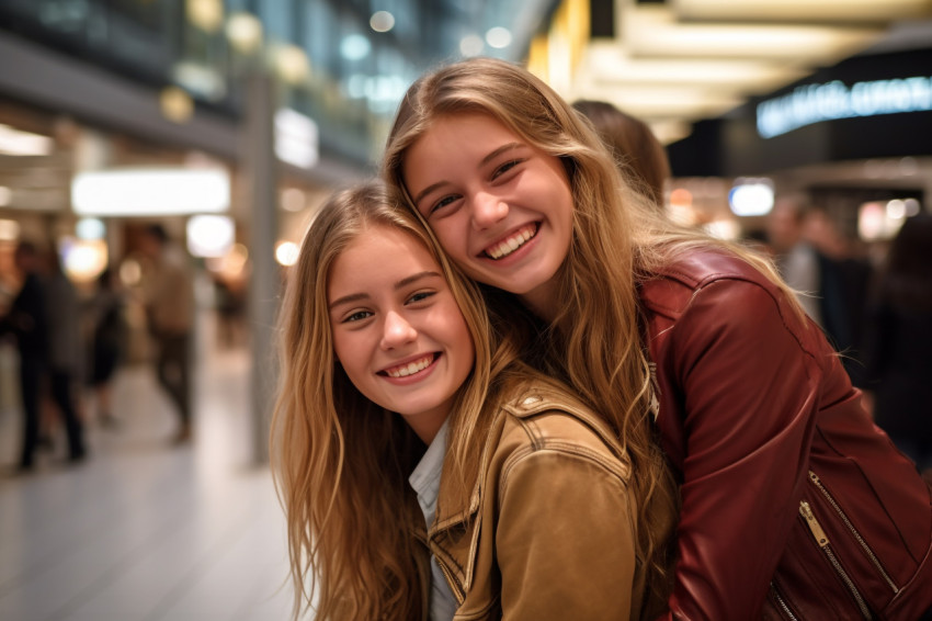 A picture of a happy teenage girl hugging her friend in a shopping mal