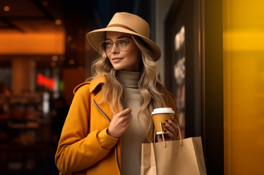 A photo of a pretty girl holding shopping bags and a warm drink