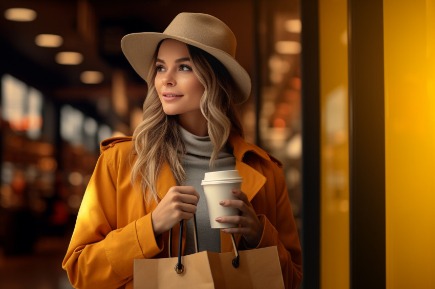 A photo of a pretty girl holding shopping bags and a warm drink