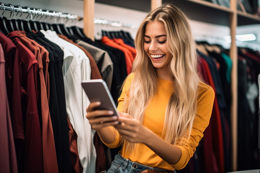 Photo of a happy woman shopping for clothes in a store using her phone to compare prices online