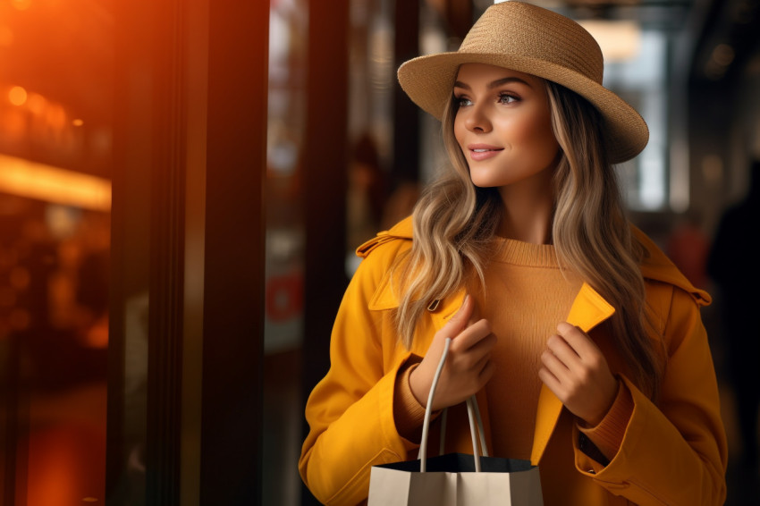 A photo of a pretty girl holding shopping bags and a warm drink