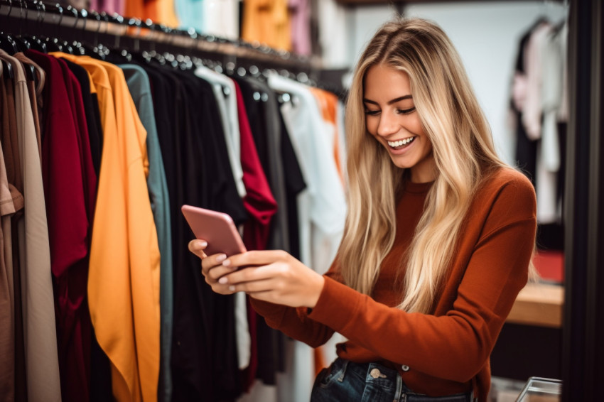 Photo of a happy woman shopping for clothes in a store using her phone to compare prices online