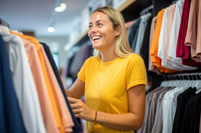 A picture of a young woman shopping in a clothing store a salesperson is helping her by giving her advice