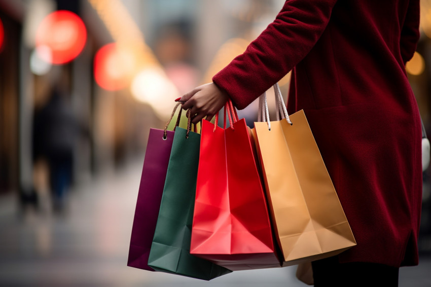 A picture of a woman carrying shopping bags outside while she is shopping