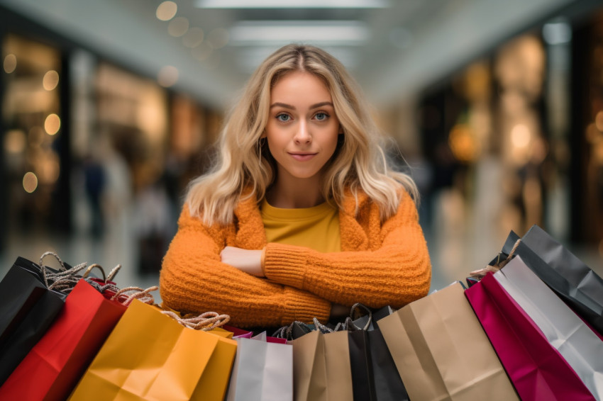 Picture of a confident young woman in casual clothes standing in a mall with bags in her hands