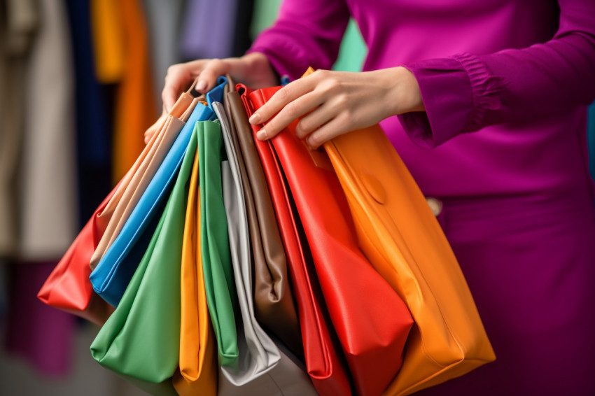 A picture of a smiling woman with orange pants and many shopping bags