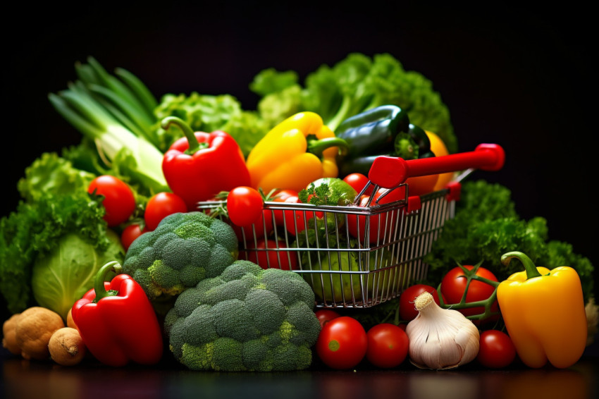 A picture of a woman pushing a cart full of fresh and tasty fruits and vegetables showing that she is grocery shopping