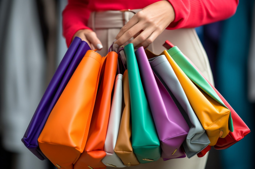 A picture of a smiling woman with orange pants and many shopping bags