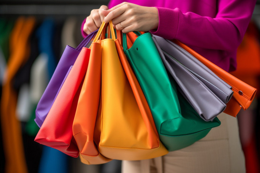 A picture of a smiling woman with orange pants and many shopping bags