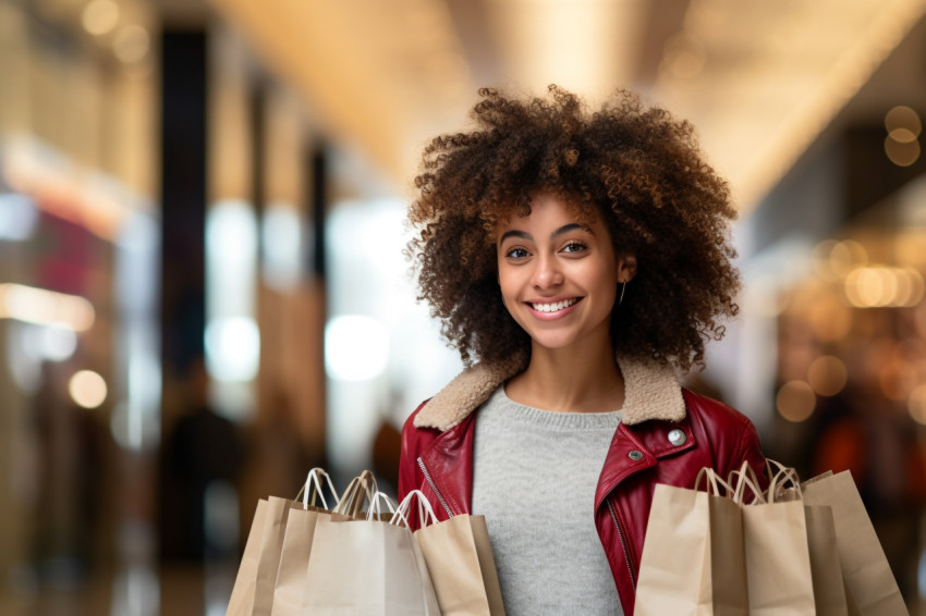 Picture of a confident young woman in casual clothes standing in a mall with bags in her hands