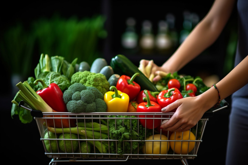 A picture of a woman pushing a cart full of fresh and tasty fruits and vegetables showing that she is grocery shopping