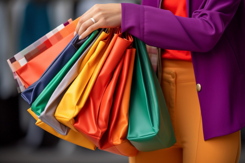 A picture of a smiling woman with orange pants and many shopping bags