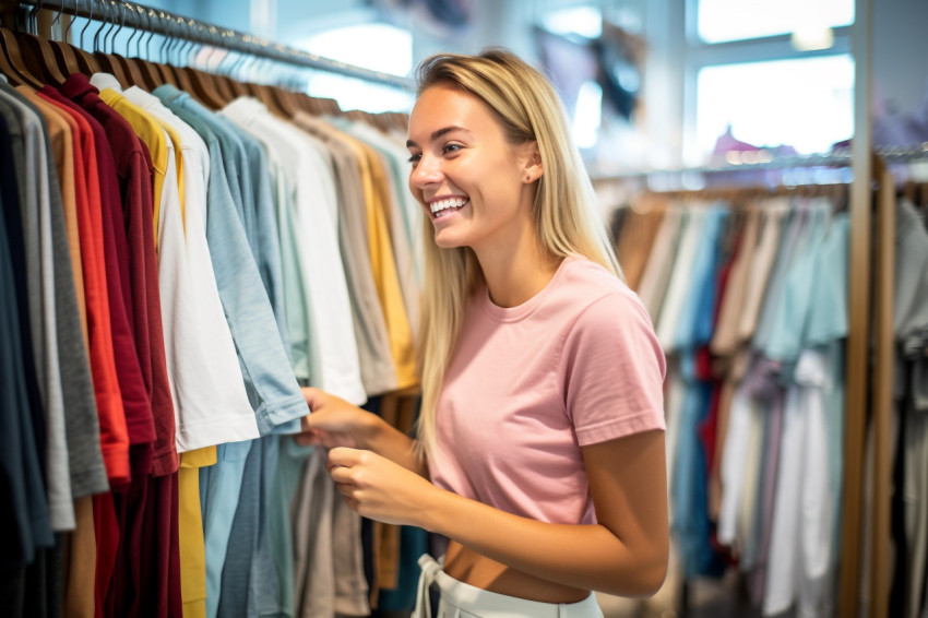 A picture of a young woman shopping in a clothing store a salesperson is helping her by giving her advice