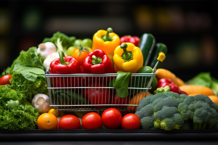 A picture of a woman pushing a cart full of fresh and tasty fruits and vegetables showing that she is grocery shopping