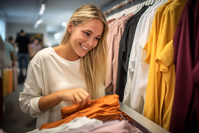 A picture of a young woman shopping in a clothing store a salesperson is helping her by giving her advice