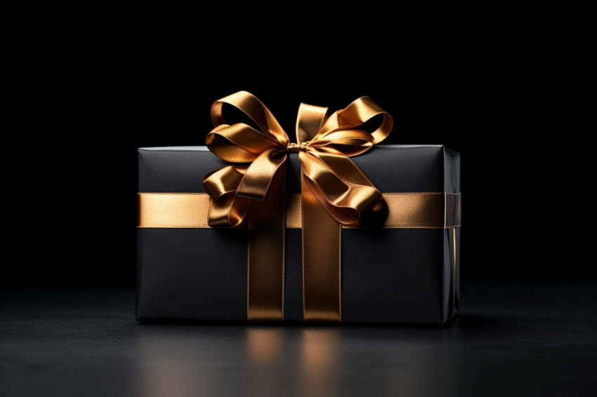 Black gift box with black ribbon on a dark surface