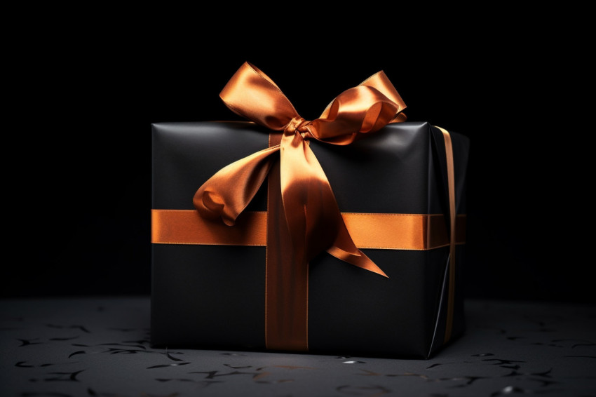 Black gift box with black ribbon on a dark surface