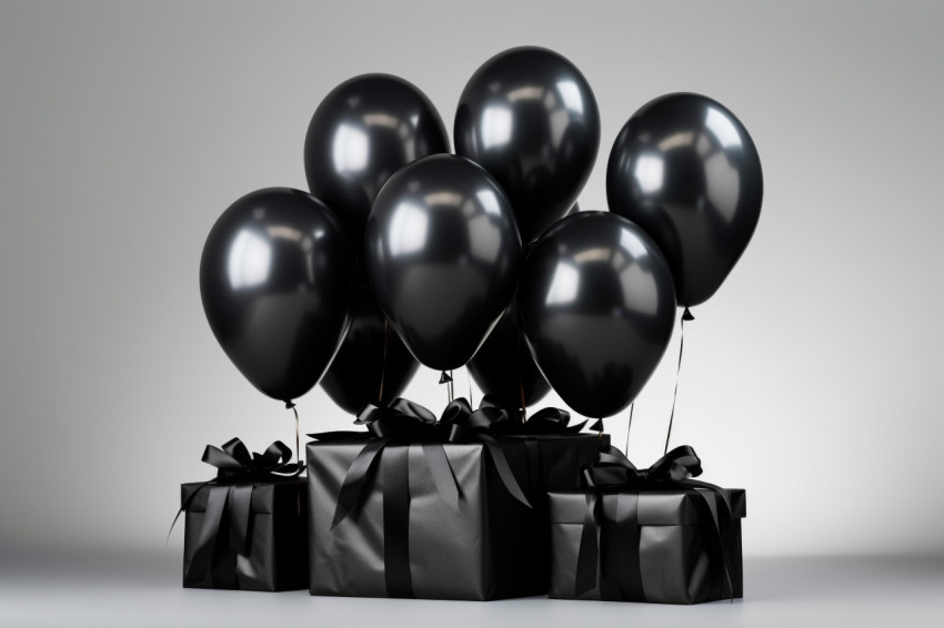 A group of black balloons is tied together and placed next to a gift box on a gray background