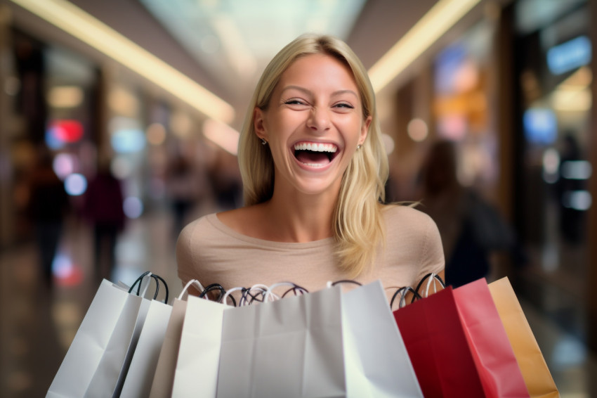 A woman is happy and smiling at the mall while carrying shopping bags