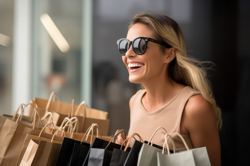 A picture of a young happy woman shopping in the summer carrying shopping bags against a gray background