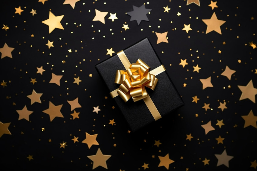 A photo of a flat lay of a black friday sale with a stylish gift box present and ribbon with gold star glitter on a black background