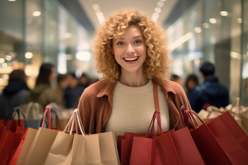 Picture of a confident young woman in casual clothes standing in a mall with bags in her hands